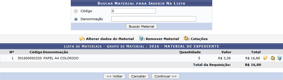 Figura 9: Lista de Materiais - Grupo de Material: MATERIAL DE EXPEDIENTE